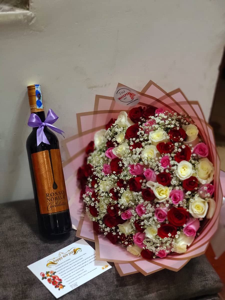 Luxury Rose Bouquet & Wine gift set — flowers delivered in Nairobi by Floral Whispers Gifts