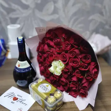 Golden Celebration Gift Hamper – Luxury Flowers, Wine & Ferrero Rocher T16 with Personalized Card — flowers delivered in Nairobi by Floral Whispers Gifts