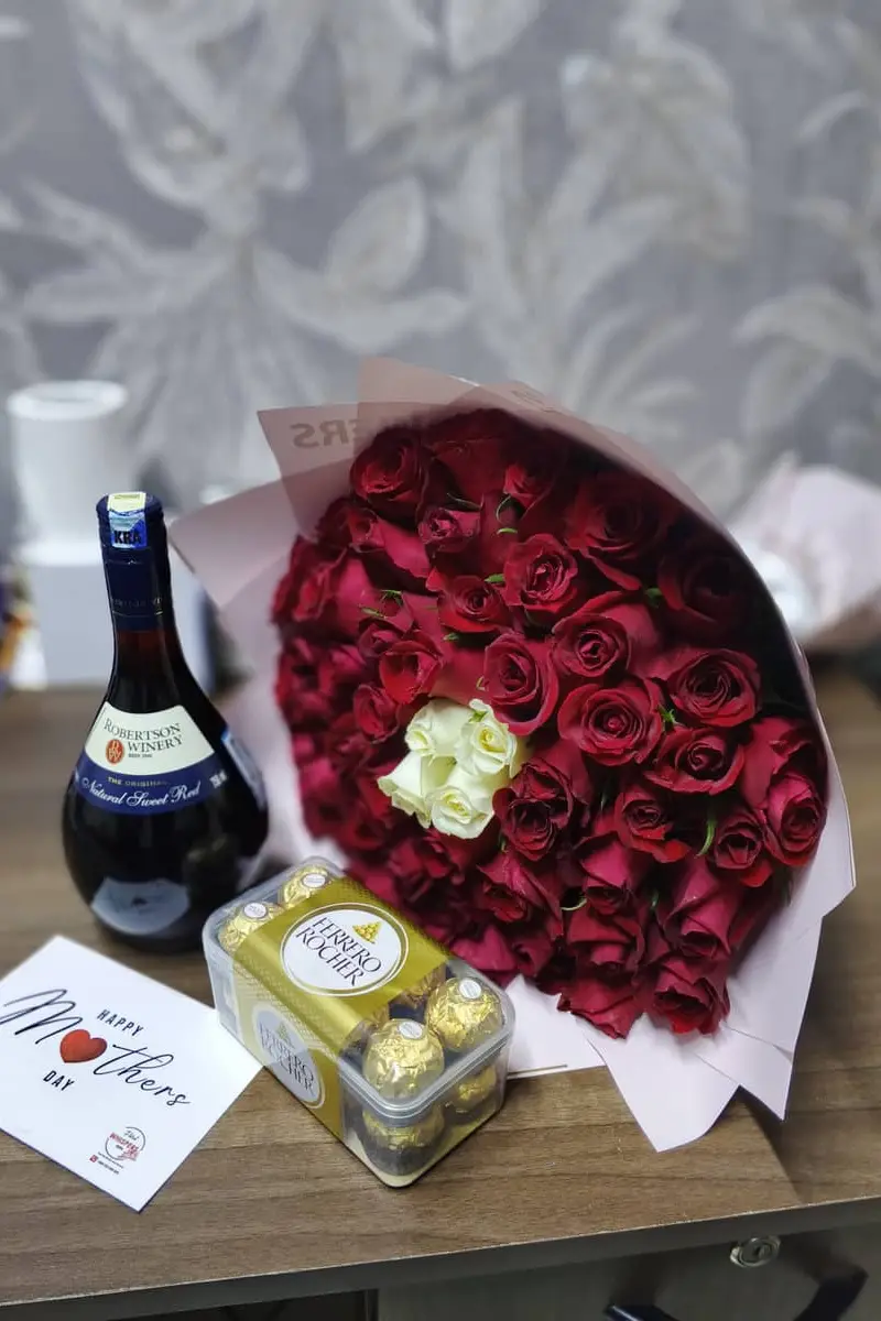 Golden Celebration Gift Hamper – Luxury Flowers, Wine & Ferrero Rocher T16 with Personalized Card - Premium flower delivery Nairobi CBD, Westlands, Karen | Floral Whispers Gifts - Image 1