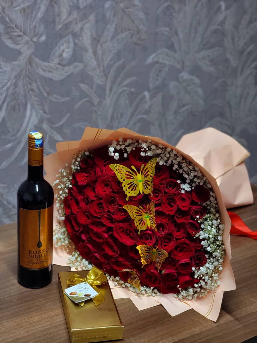 Golden Butterfly Romance – Luxury Red Rose Valentine Gift Set with Wine & Chocolates — flowers delivered in Nairobi by Floral Whispers Gifts