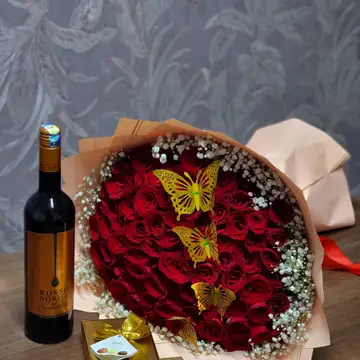 Golden Butterfly Romance – Luxury Red Rose Valentine Gift Set with Wine & Chocolates — flowers delivered in Nairobi by Floral Whispers Gifts