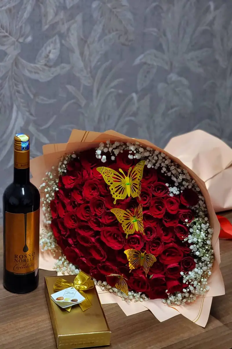 Golden Butterfly Romance – Luxury Red Rose Valentine Gift Set with Wine & Chocolates - Premium flower delivery Nairobi CBD, Westlands, Karen | Floral Whispers Gifts - Image 1