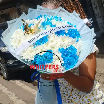 You Are a Gift from God – Blue & White Chrysanthemum Bouquet — flowers delivered in Nairobi by Floral Whispers Gifts