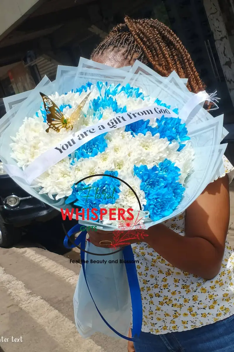 You Are a Gift from God – Blue & White Chrysanthemum Bouquet - Premium flower delivery Nairobi CBD, Westlands, Karen | Floral Whispers Gifts - Image 1