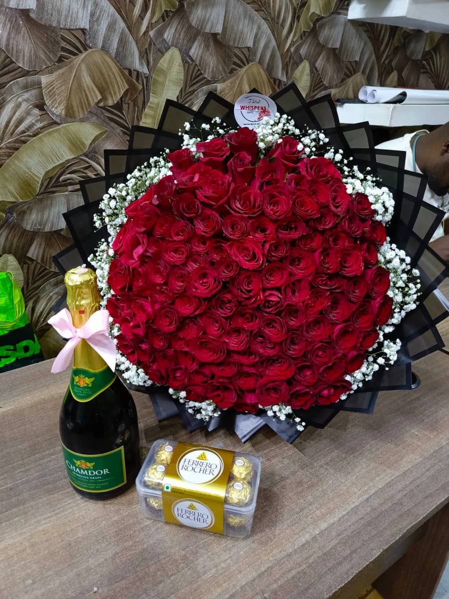 Luxury 100 Red Roses Bouquet with Ferrero Rocher & Chamdor — flowers delivered in Nairobi by Floral Whispers Gifts