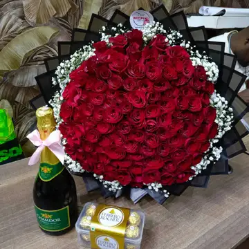 Luxury 100 Red Roses Bouquet with Ferrero Rocher & Chamdor — flowers delivered in Nairobi by Floral Whispers Gifts