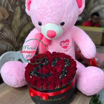 Customized Rose Flower Box with 120cm Pink Teddy Bear — flowers delivered in Nairobi by Floral Whispers Gifts
