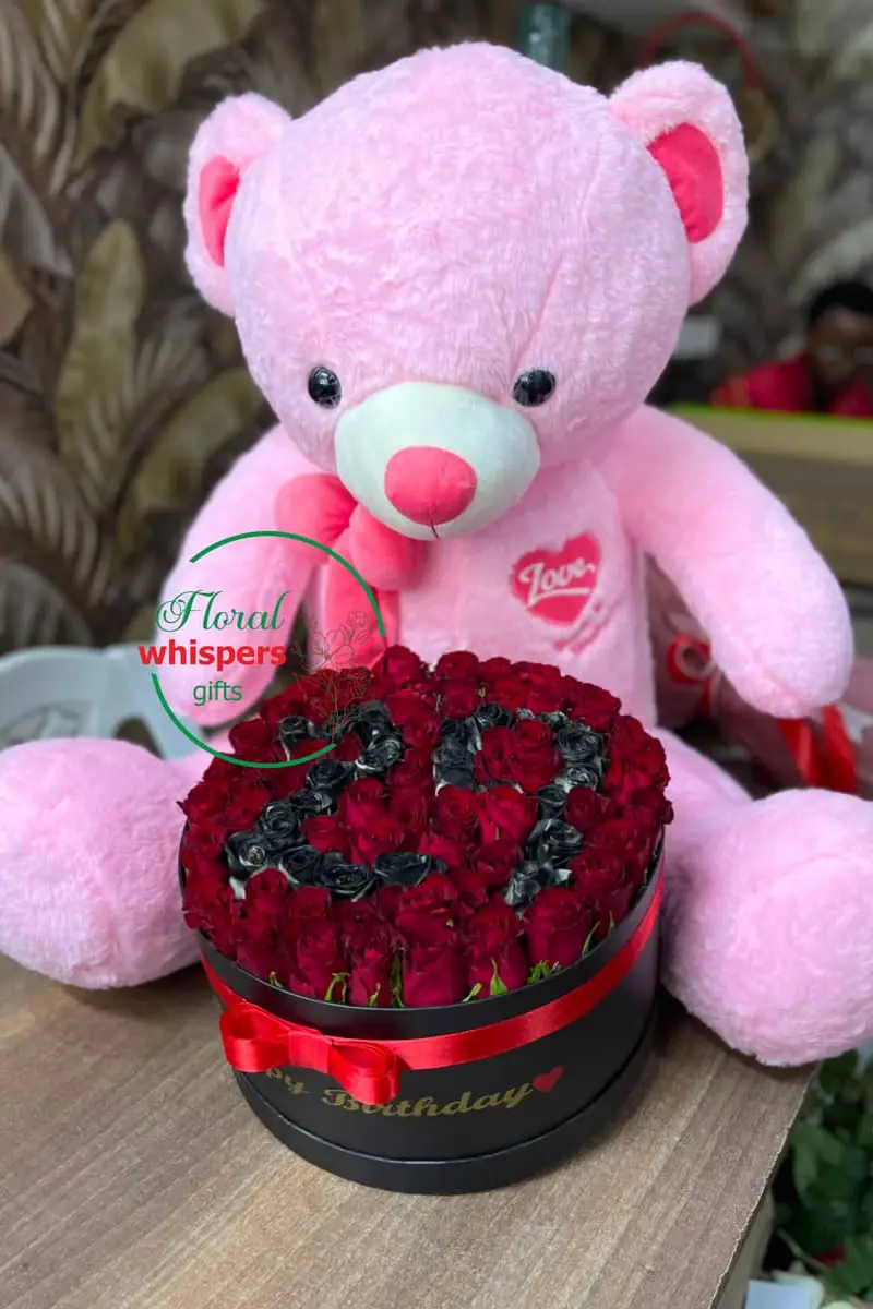 Customized Rose Flower Box with 120cm Pink Teddy Bear - Premium flower delivery Nairobi CBD, Westlands, Karen | Floral Whispers Gifts - Image 1