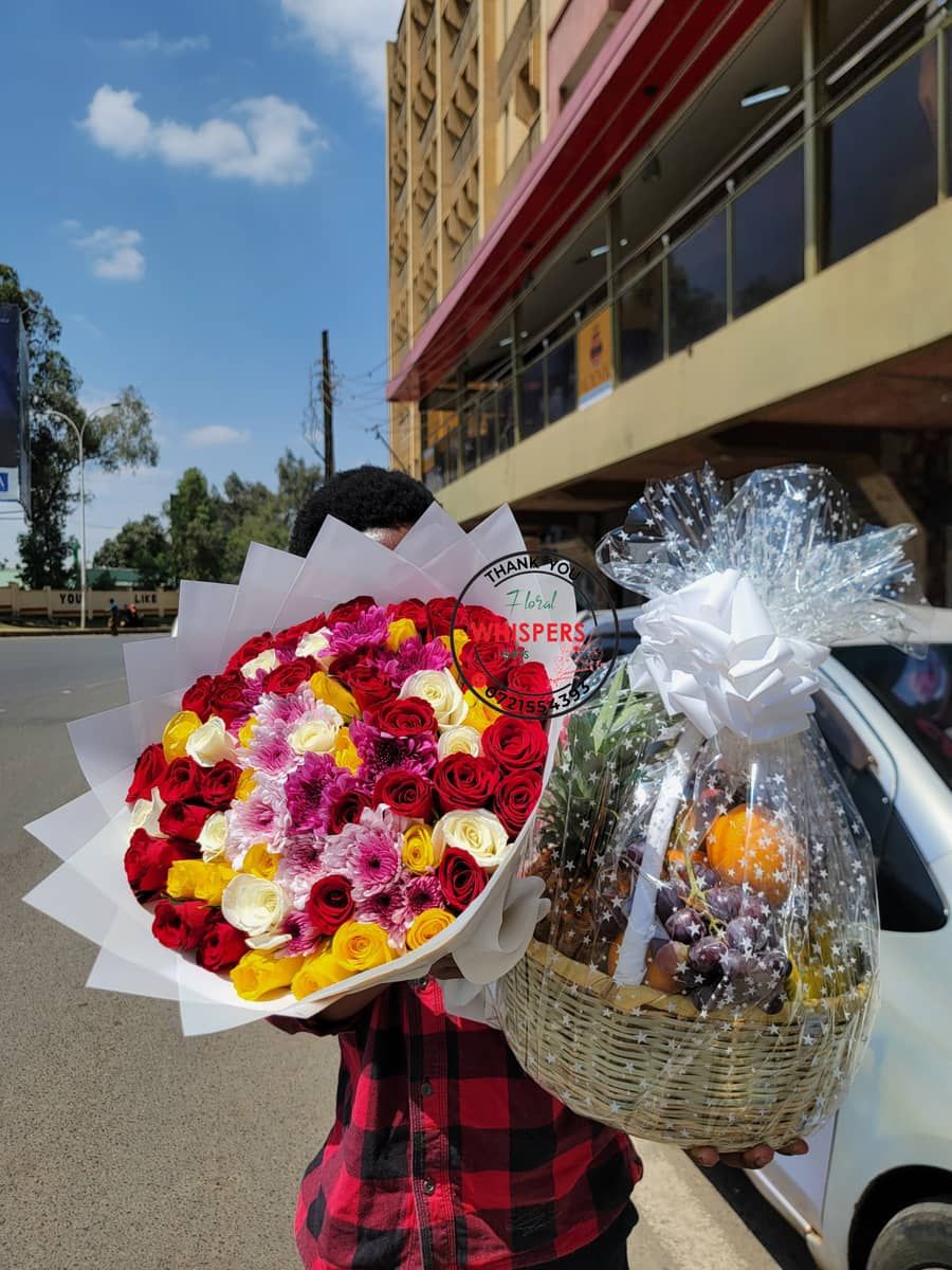 Mixed Rose Bouquet with Fruit Basket – Same-Day Delivery Nairobi — flowers delivered in Nairobi by Floral Whispers Gifts