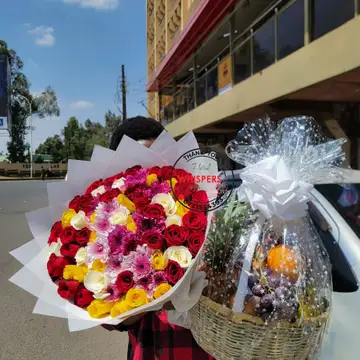 Mixed Rose Bouquet with Fruit Basket – Same-Day Delivery Nairobi — flowers delivered in Nairobi by Floral Whispers Gifts