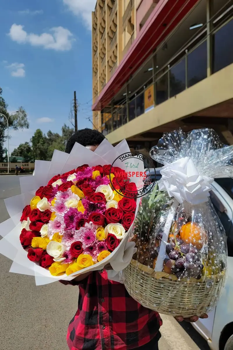Mixed Rose Bouquet with Fruit Basket - Premium flower delivery Nairobi CBD, Westlands, Karen | Floral Whispers Gifts - Image 1