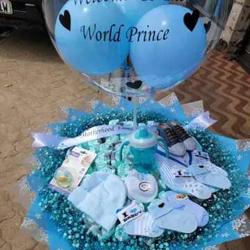 Baby Boy Gift Bouquet with Balloon & Essentials – Same-Day Delivery Nairobi — flowers delivered in Nairobi by Floral Whispers Gifts