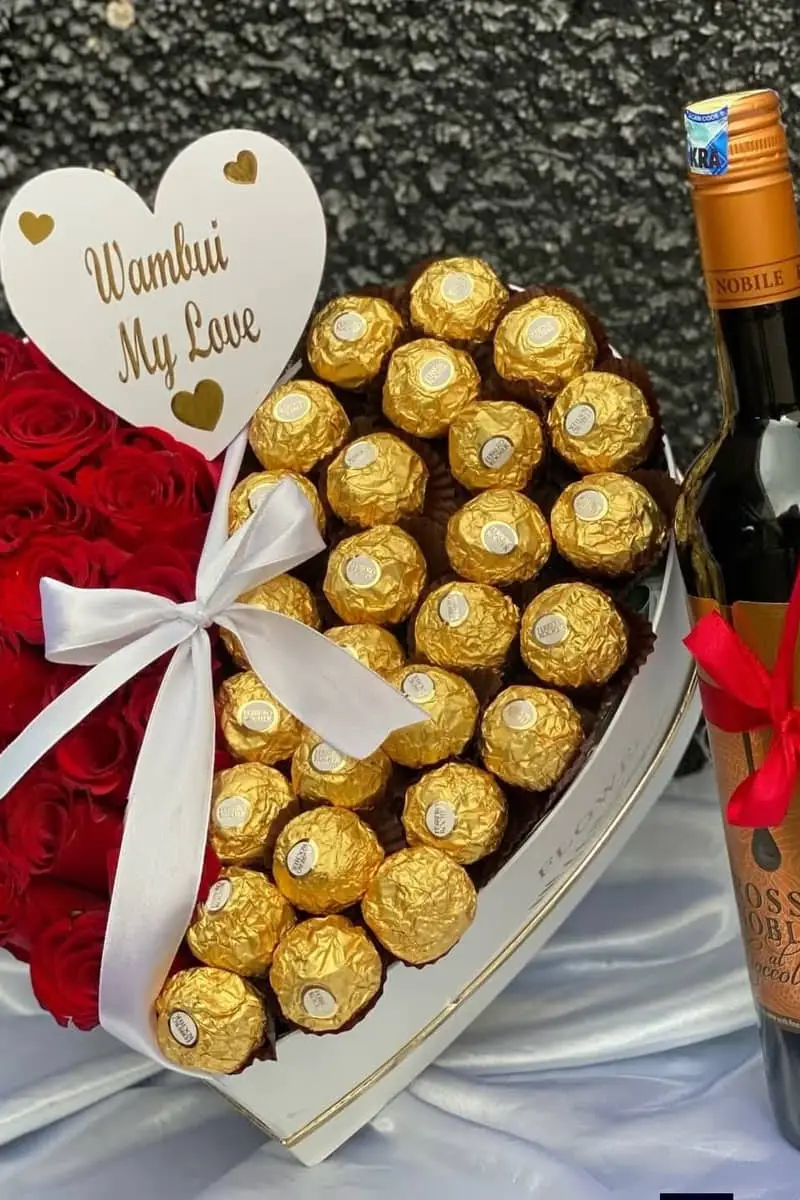 Title Romantic Rose, Ferrero Rocher & Wine Gift Hamper in Nairobi – Luxury Love Package - Premium wines Nairobi, Westlands delivery | Floral Whispers Gifts - Image 1